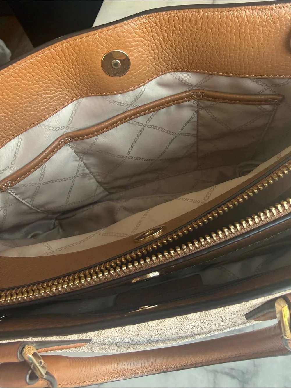 Michael Kors Beige MK Signature Satchel with Brown Trim and Gold Hardware